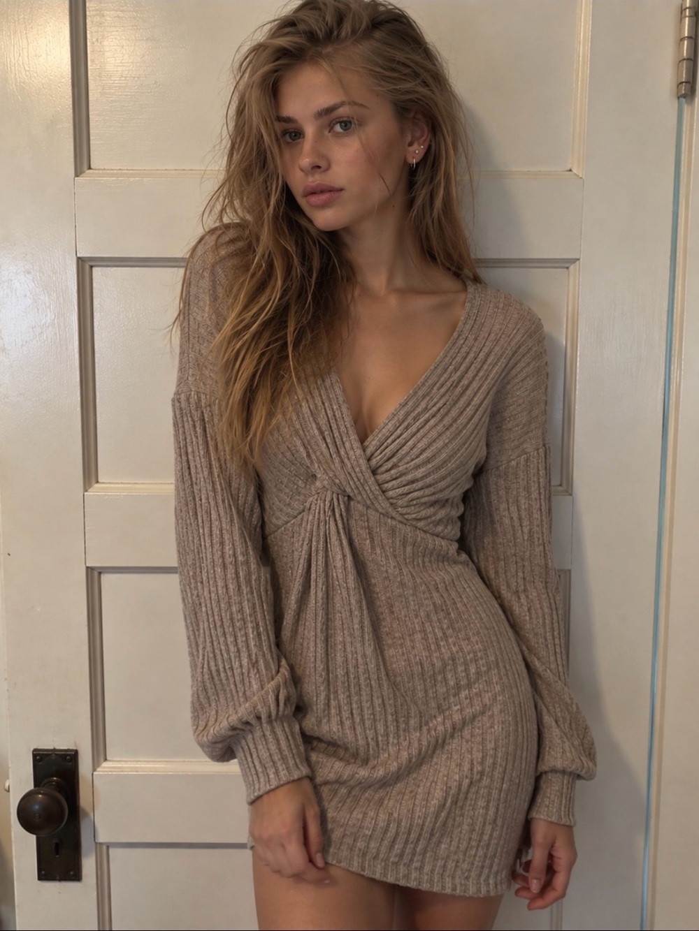 Rib-Knit Twist Front V-Neck Mini Dress in Taupe